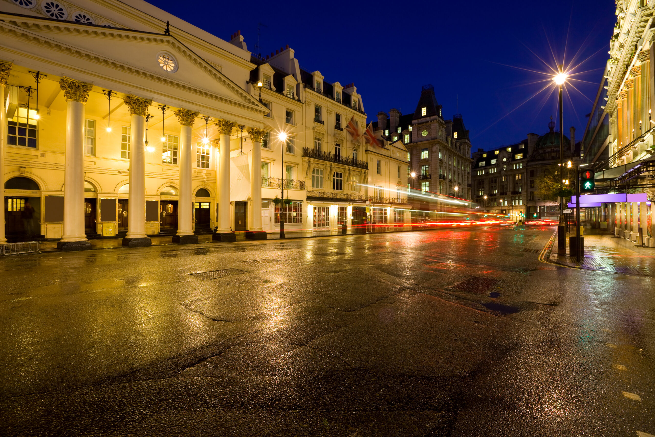Theatre facade and the Haymarket street in London, England
