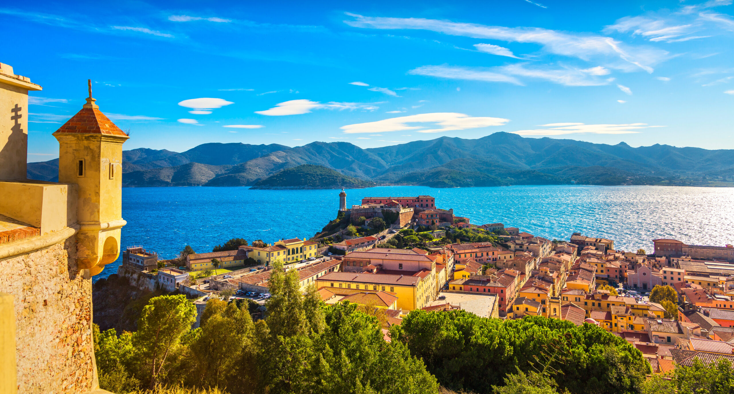 Elba island, Portoferraio aerial view from fort. Lighthouse and fort. Tuscany, Italy, Europe.