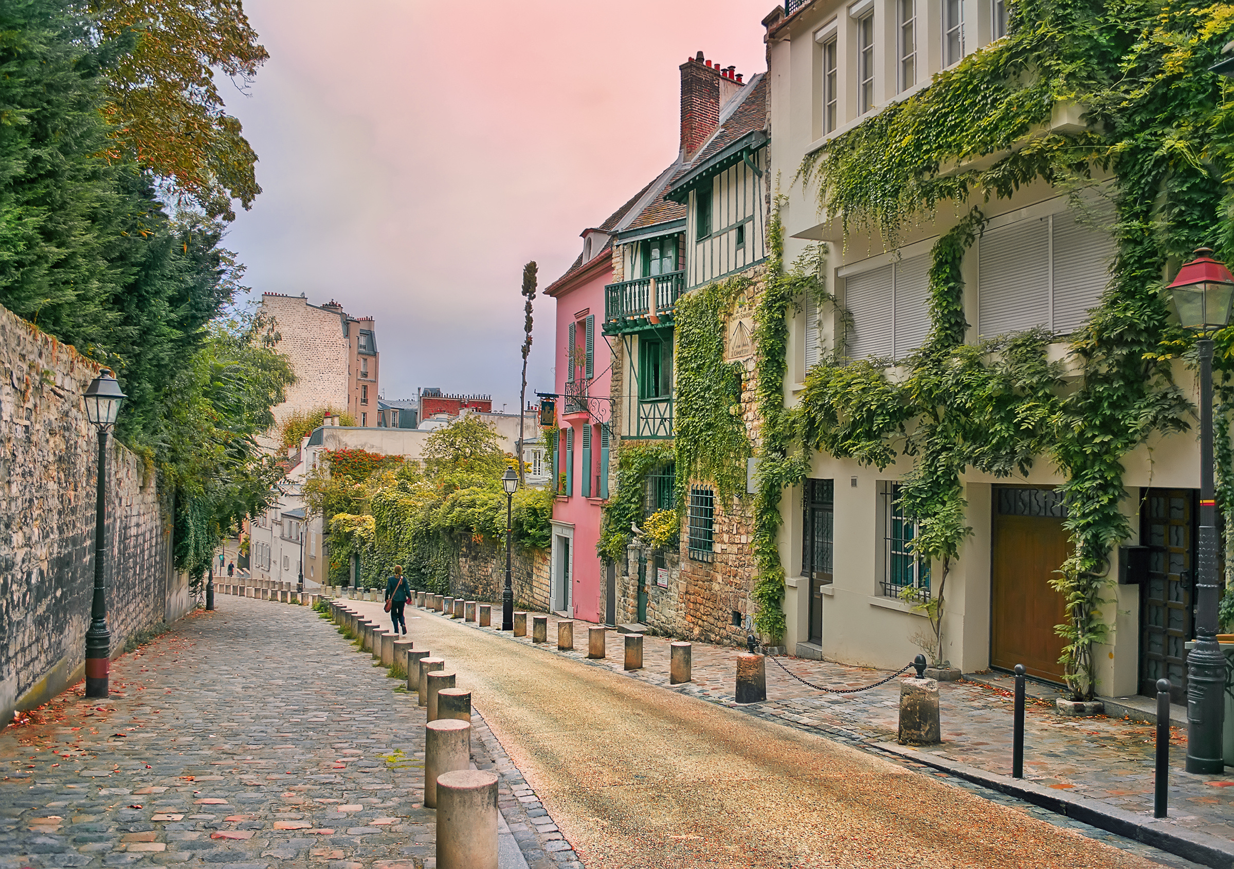 street in Montmartre, Paris, France, in the evening