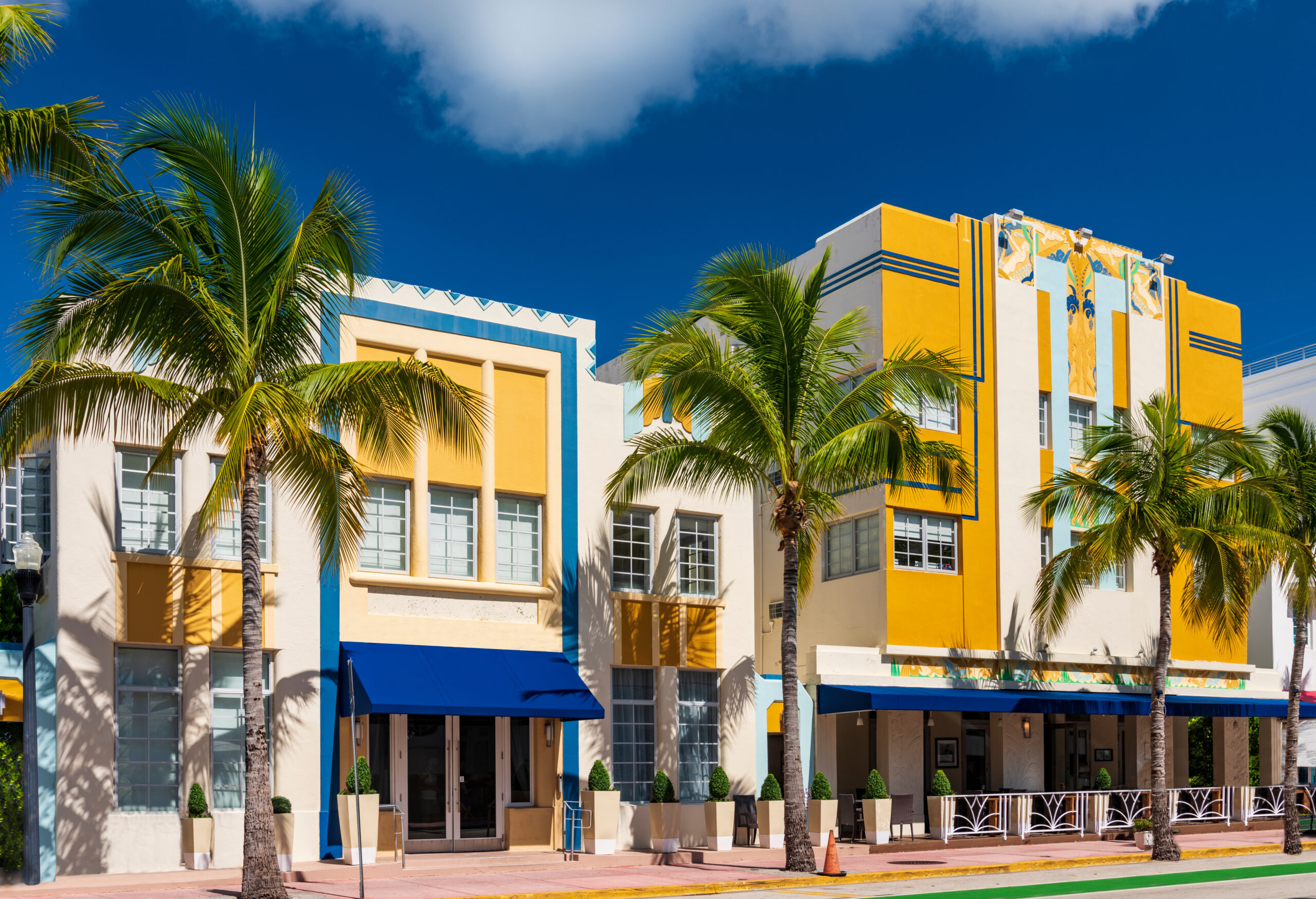 Sun-drenched hotels on Ocean Drive, in the Art Deco District, Miami Beach