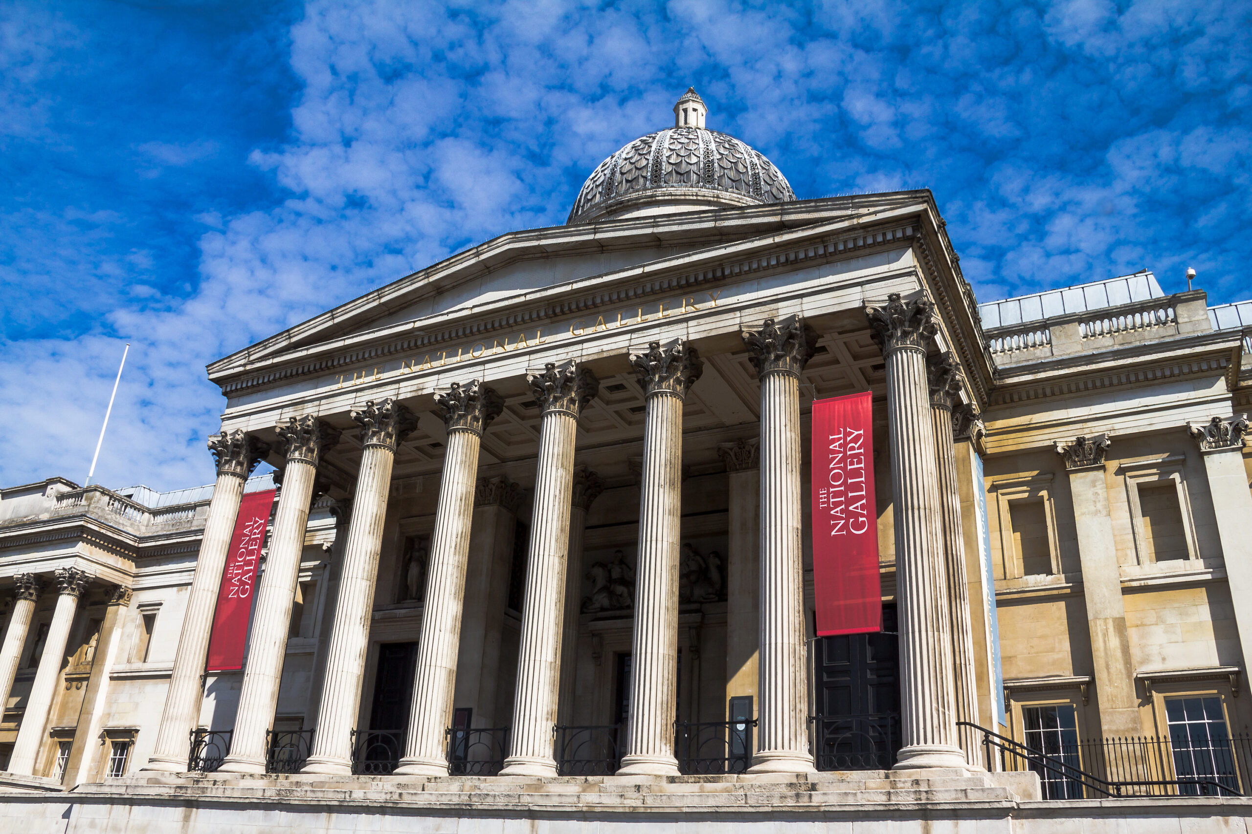 LONDON - JUNE 4, 2015 : Exterior of the National Gallery in Trafalgar Square, London . The gallery houses a collection of Western European painting from the 13th to the 19th centuries.